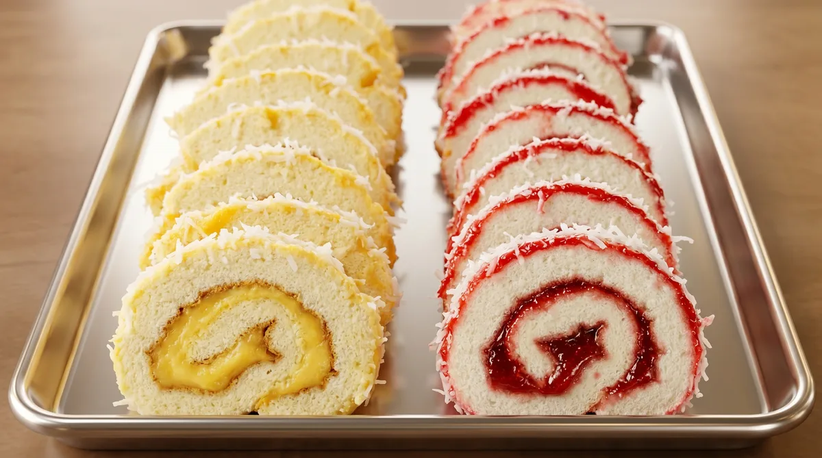 Two brazos de reina — vanilla cream and strawberry roll cakes — sliced on a tray.