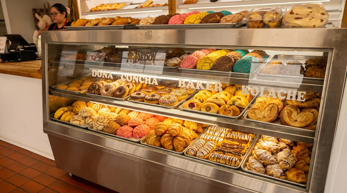Inside ChaCha Bedoy: a long stainless case stocked with conchas, donas, kolaches, and pan dulce, hand-lettered glass labels reading DONA · CONCHA · BAKER · KOLACHE.