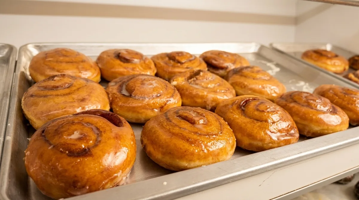 Tray of glazed cinnamon rolls, swirls dark with cinnamon under a thin sugar glaze.
