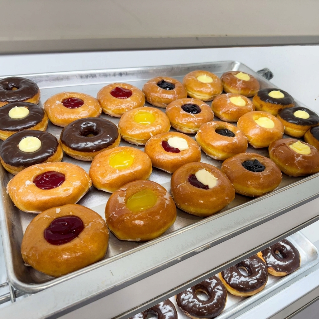Tray of filled donuts topped with strawberry, lemon, blueberry, and Bavarian cream dots.