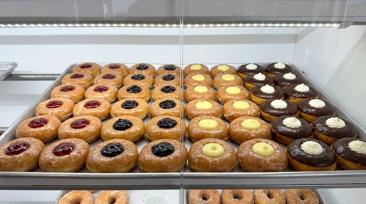 Filled donuts in rows — strawberry, blueberry, Bavarian cream, chocolate-iced cream.