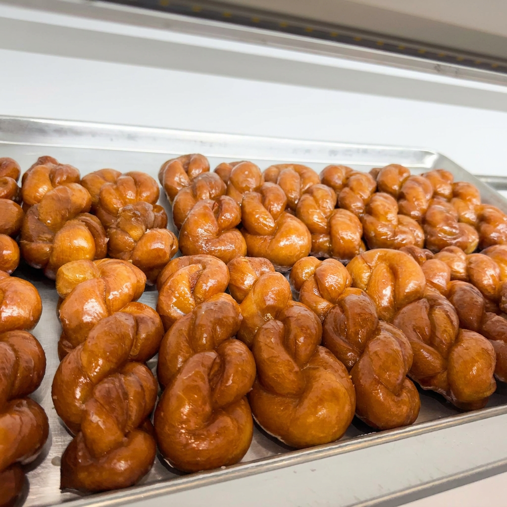 Close-up tray of honey-glazed braided twist donuts with glossy lacquered finish.