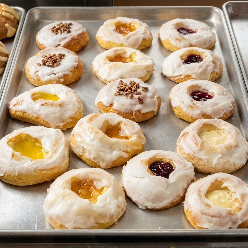 Sheet tray of iced thumbprint pan dulce filled with apricot, strawberry, lemon, and cream cheese.