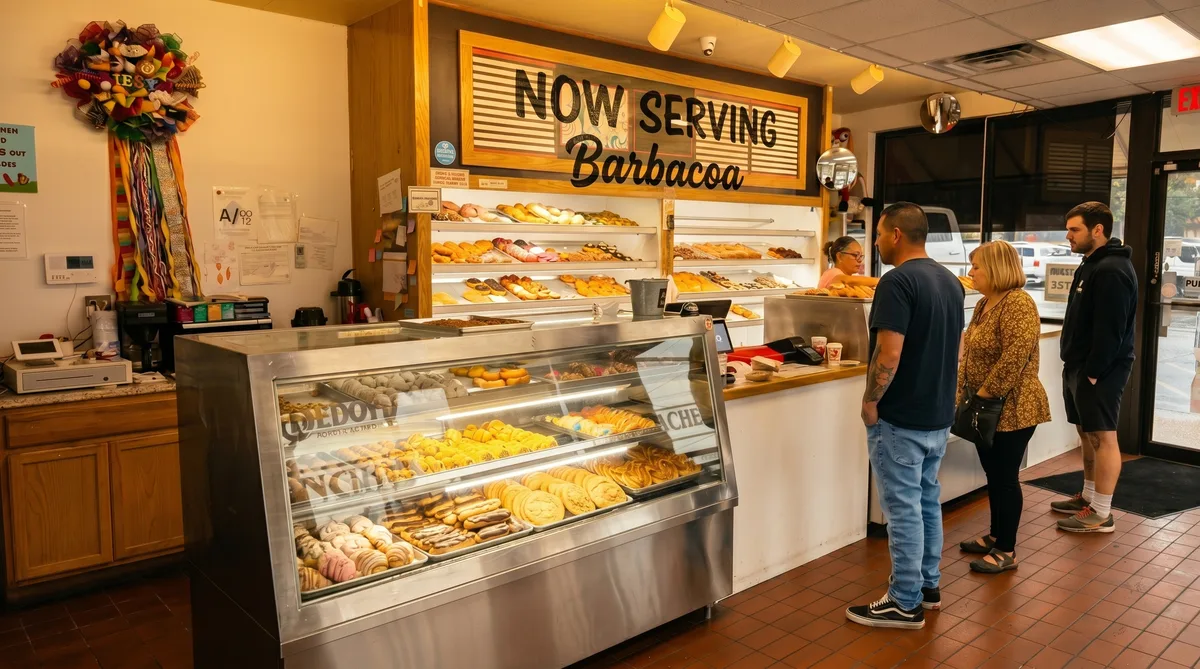 Inside ChaCha Bedoy: a family at the counter ordering pan dulce, the NOW SERVING Barbacoa marquee glowing above the case.