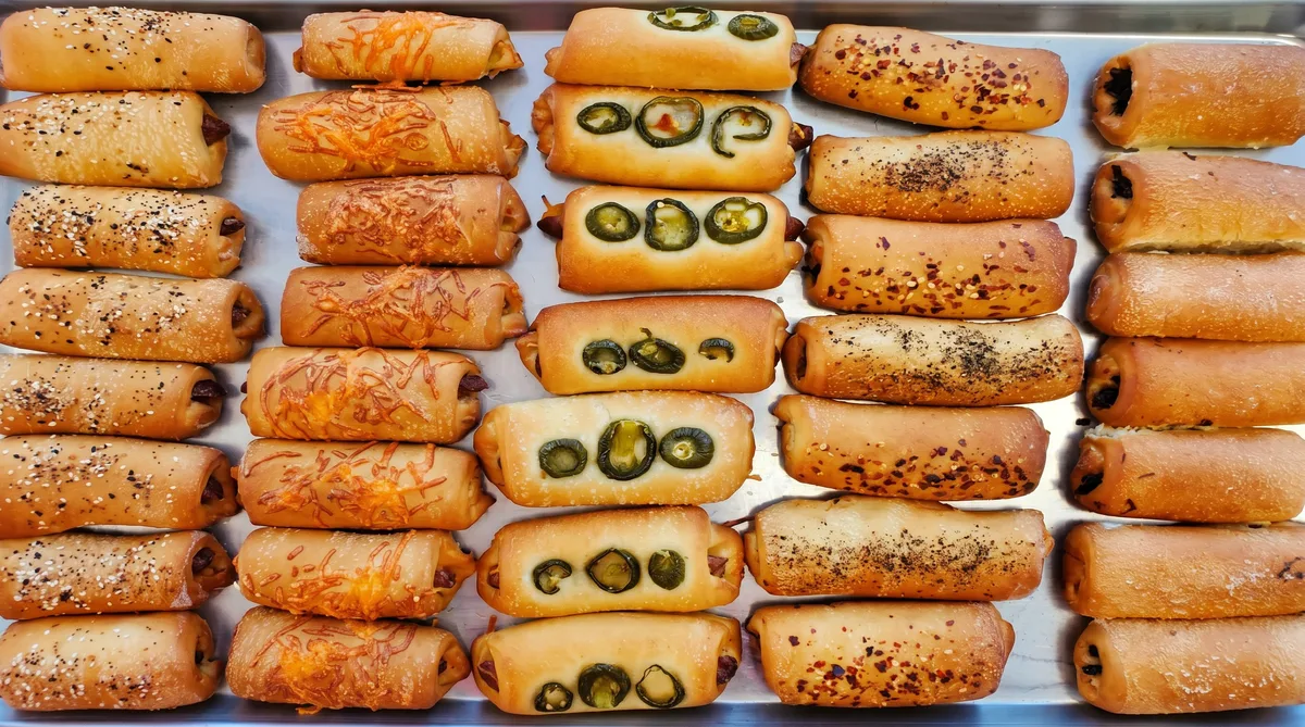 Tray of mini kolaches topped with everything seed, jalapeño, cheddar, and chorizo.