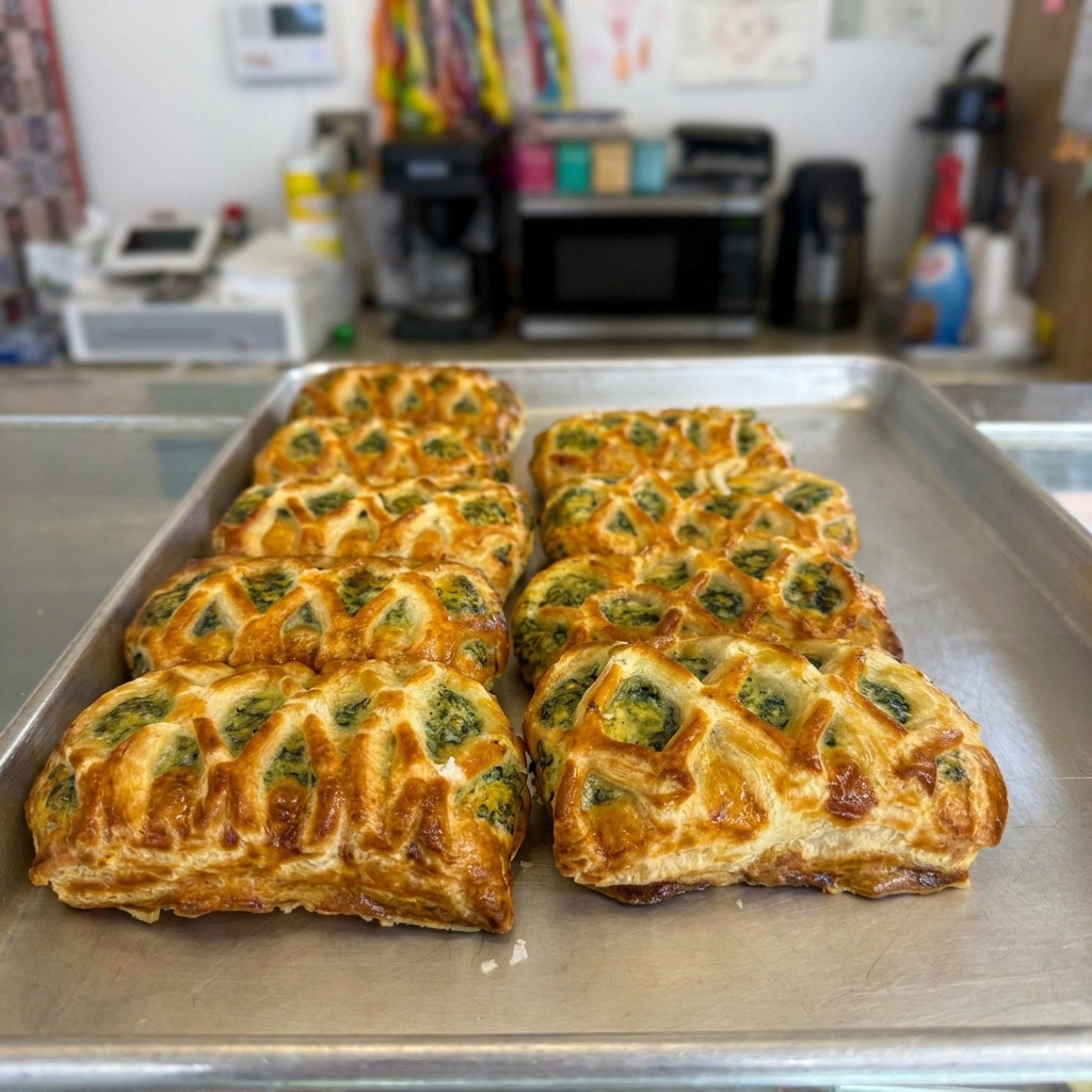 A flaky feta-and-spinach croissant, golden and layered, resting on parchment.