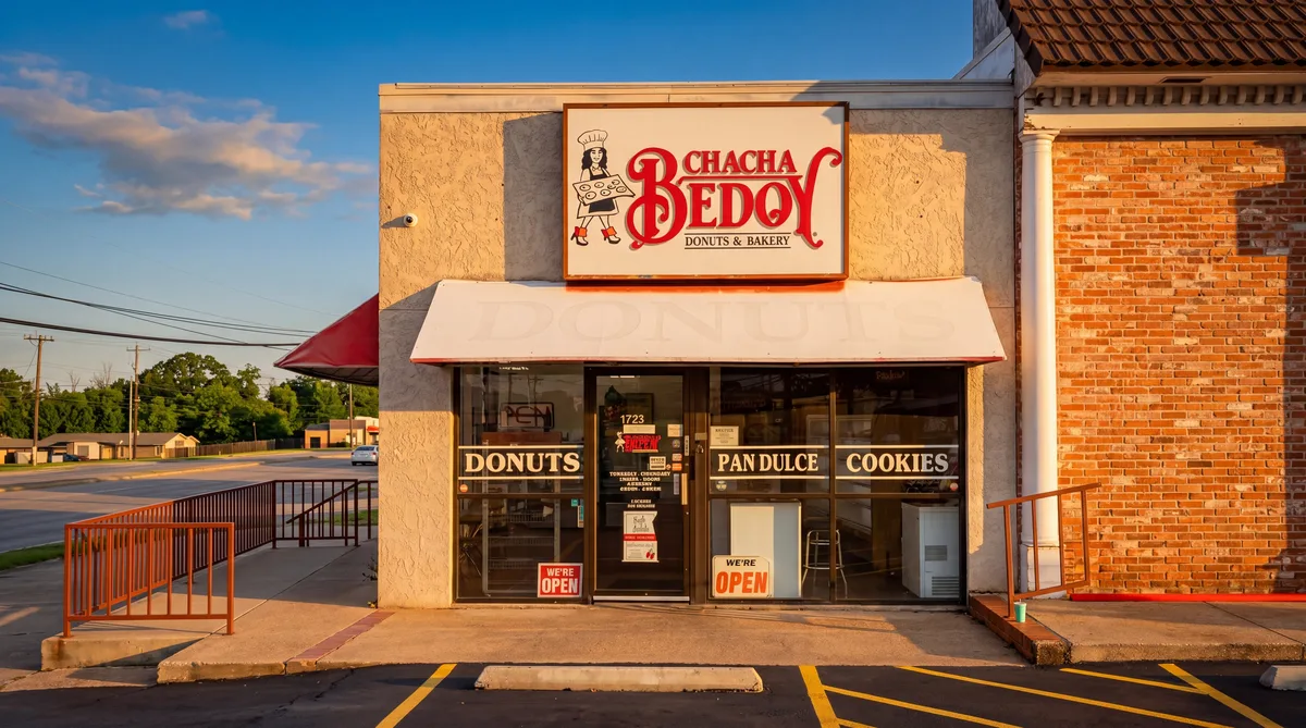 The ChaCha Bedoy Donuts & Bakery storefront at golden hour — cream stucco, red awning, the painted baker-girl sign above the door.